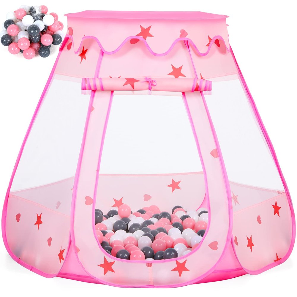 Wilhunter Baby Ball Pit for Toddler with 50 Balls, Kids Pop Up Play Tent for Girls, Princess Toys for Children Indoor & Outdoor Playhouse with Carry Bag (Pink: Pink/White/Gray, 109x90cm/50 Balls)