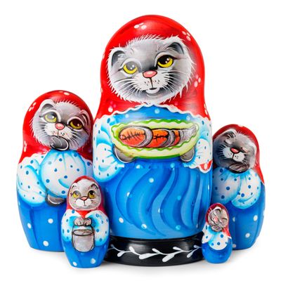 MUARO Russian Nesting Dolls Matryoshka Wood Stacking Nested Set 5 Pieces Handmade Wooden Doll Cat