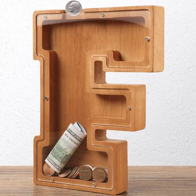 Wooden Letter Piggy Bank for Kids Boys Girls Large 26 Alphabet Money Bank Personalized Custom Name Transparent Saving Coin Bank, Perfect Christmas,Birthday Gift for kids Adults and Home Decoration (F)