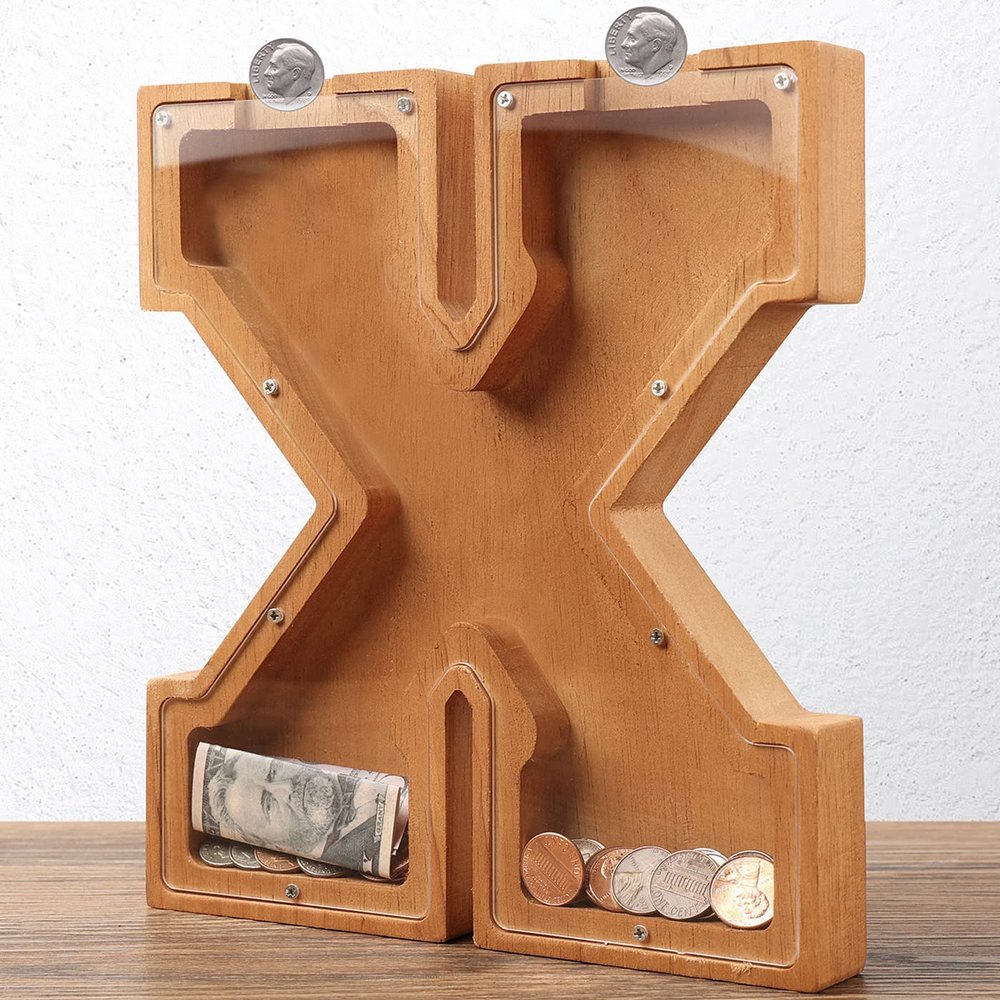 Wooden Letter Piggy Bank for Kids Boys Girls Large 26 Alphabet Money Bank Personalized Custom Name Transparent Saving Coin Bank, Perfect Christmas,Birthday Gift for kids Adults and Home Decoration (X)