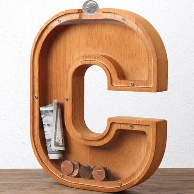 Wooden Letter Piggy Bank for Kids Boys Girls Large 26 Alphabet Money Bank Personalized Custom Name Transparent Saving Coin Bank, Perfect Christmas,Birthday Gift for kids Adults and Home Decoration (C)