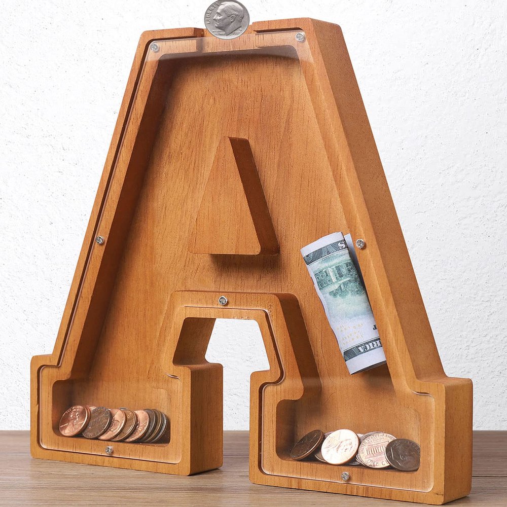 Wooden Letter Piggy Bank for Kids Boys Girls Large 26 Alphabet Money Bank Personalized Custom Name Transparent Saving Coin Bank, Perfect Christmas,Birthday Gift for kids Adults and Home Decoration (A)