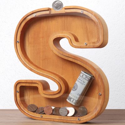 Wooden Letter Piggy Bank for Kids Boys Girls Large 26 Alphabet Money Bank Personalized Custom Name Transparent Saving Coin Bank, Perfect Christmas,Birthday Gift for kids Adults and Home Decoration (S)
