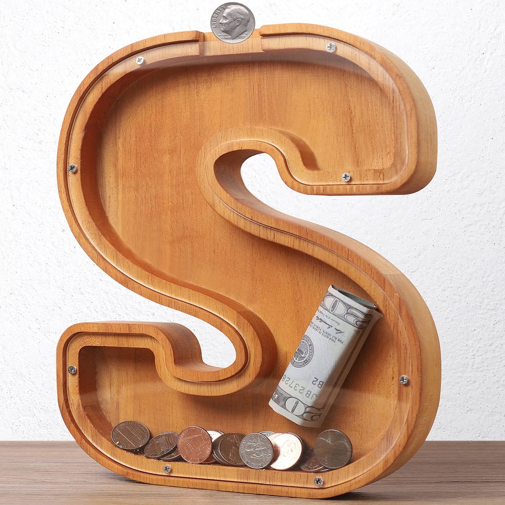 Wooden Letter Piggy Bank for Kids Boys Girls Large 26 Alphabet Money Bank Personalized Custom Name Transparent Saving Coin Bank, Perfect Christmas,Birthday Gift for kids Adults and Home Decoration (S)