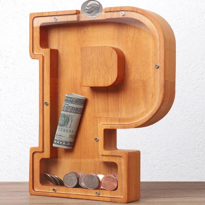 Wooden Letter Piggy Bank for Kids Boys Girls Large 26 Alphabet Money Bank Personalized Custom Name Transparent Saving Coin Bank, Perfect Christmas,Birthday Gift for kids Adults and Home Decoration (P)