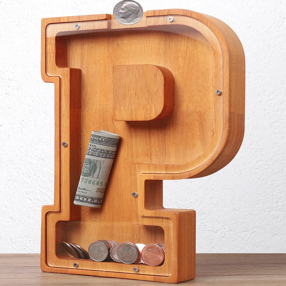Wooden Letter Piggy Bank for Kids Boys Girls Large 26 Alphabet Money Bank Personalized Custom Name Transparent Saving Coin Bank, Perfect Christmas,Birthday Gift for kids Adults and Home Decoration (P)