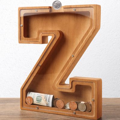 Wooden Letter Piggy Bank for Kids Boys Girls Large 26 Alphabet Money Bank Personalized Custom Name Transparent Saving Coin Bank, Perfect Christmas,Birthday Gift for kids Adults and Home Decoration (Z)