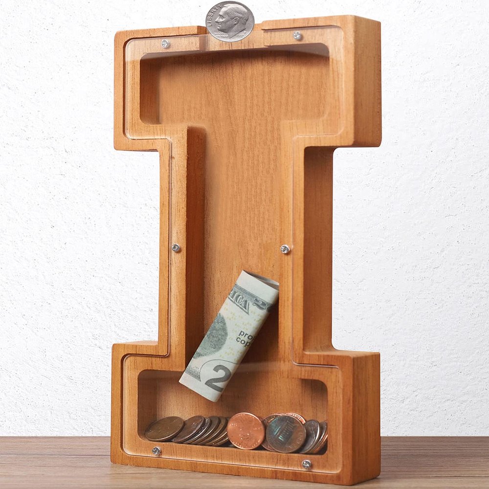 Wooden Letter Piggy Bank for Kids Boys Girls Large 26 Alphabet Money Bank Personalized Custom Name Transparent Saving Coin Bank, Perfect Christmas,Birthday Gift for kids Adults and Home Decoration (I)