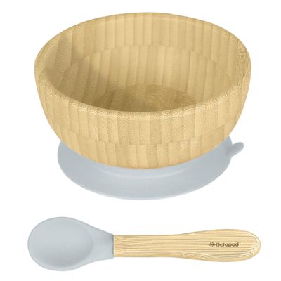 Abiie Octopod Bamboo Baby Bowl Set for 4 Months and Up  Mess-Free High Chair Suction Bowl with Spoon for Toddlers and Kids - Ergonomic Baby Feeding Essentials - 5.7" x 3" x 5.7" - Gray
