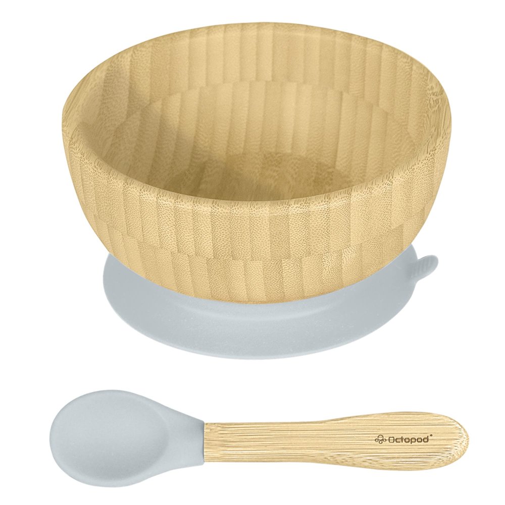 Abiie Octopod Bamboo Baby Bowl Set for 4 Months and Up  Mess-Free High Chair Suction Bowl with Spoon for Toddlers and Kids - Ergonomic Baby Feeding Essentials - 5.7" x 3" x 5.7" - Gray