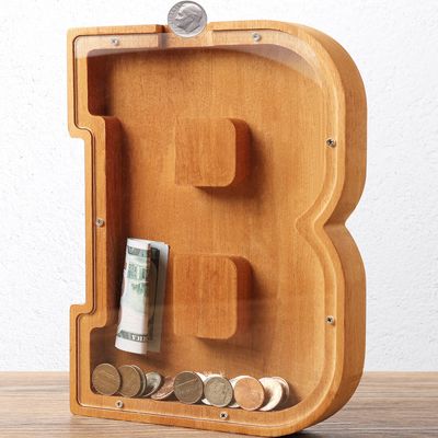 Wooden Letter Piggy Bank for Kids Boys Girls Large 26 Alphabet Money Bank Personalized Custom Name Transparent Saving Coin Bank, Perfect Christmas,Birthday Gift for kids Adults and Home Decoration (B)