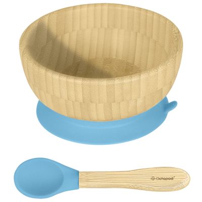 Abiie Octopod Bamboo Baby Bowl Set for 4 Months and Up  Mess-Free High Chair Suction Bowl with Spoon for Toddlers and Kids - Ergonomic Baby Feeding Essentials - 5.7" x 3" x 5.7" - Blue