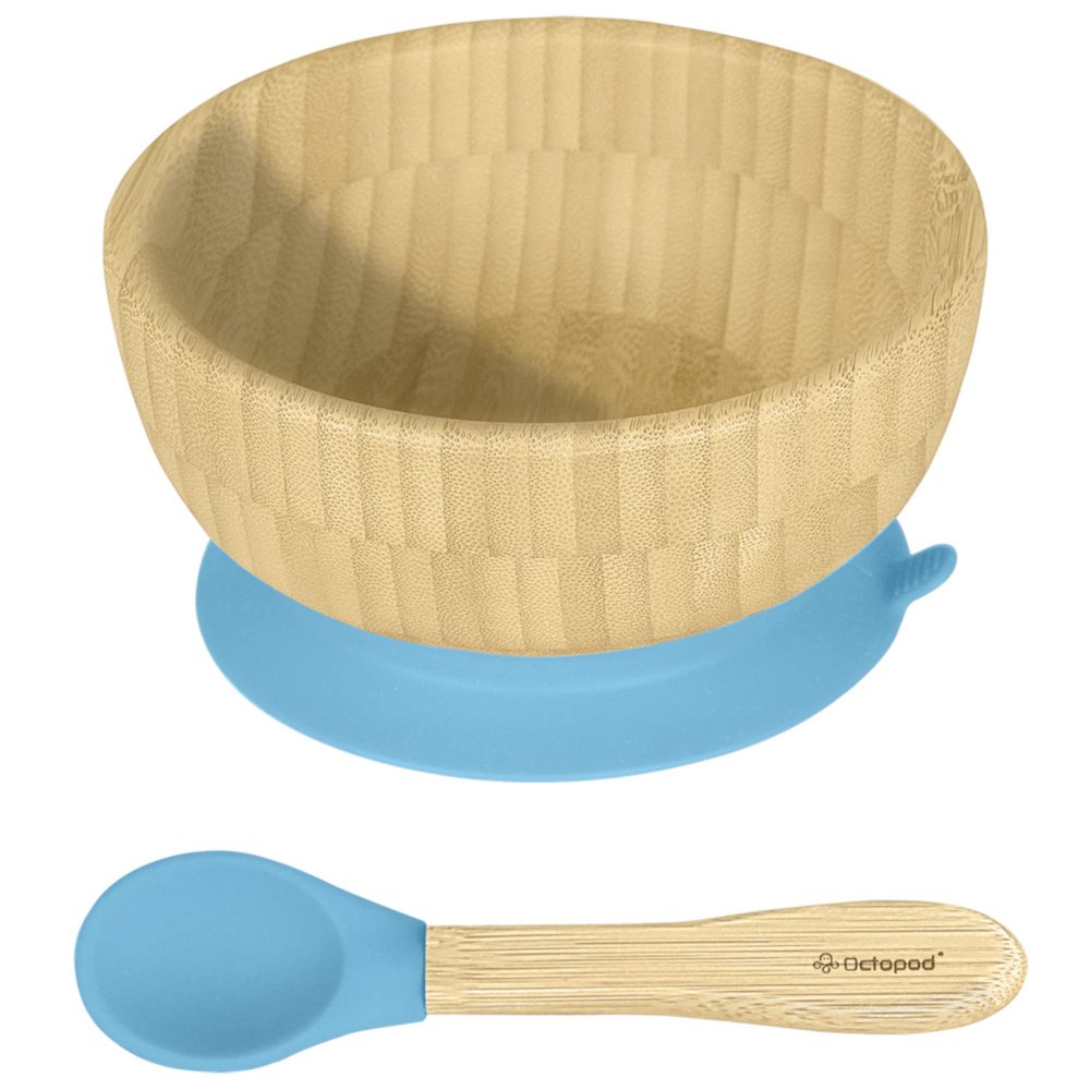 Abiie Octopod Bamboo Baby Bowl Set for 4 Months and Up  Mess-Free High Chair Suction Bowl with Spoon for Toddlers and Kids - Ergonomic Baby Feeding Essentials - 5.7" x 3" x 5.7" - Blue