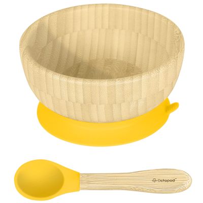 Abiie Octopod Bamboo Baby Bowl Set for 4 Months and Up Mess-Free High Chair Suction Bowl with Spoon for Toddlers and Kids - Ergonomic Baby Feeding Essentials - 5.7" x 3" x 5.7" - Yellow