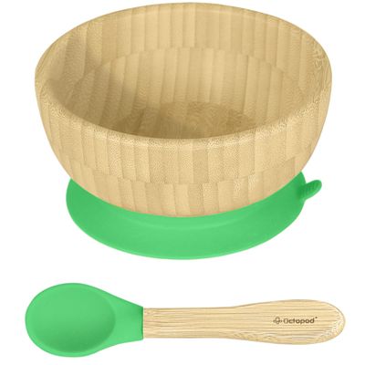 Abiie Octopod Bamboo Baby Bowl Set for 4 Months and Up  Mess-Free High Chair Suction Bowl with Spoon for Toddlers and Kids - Ergonomic Baby Feeding Essentials - 5.7" x 3" x 5.7" - Green