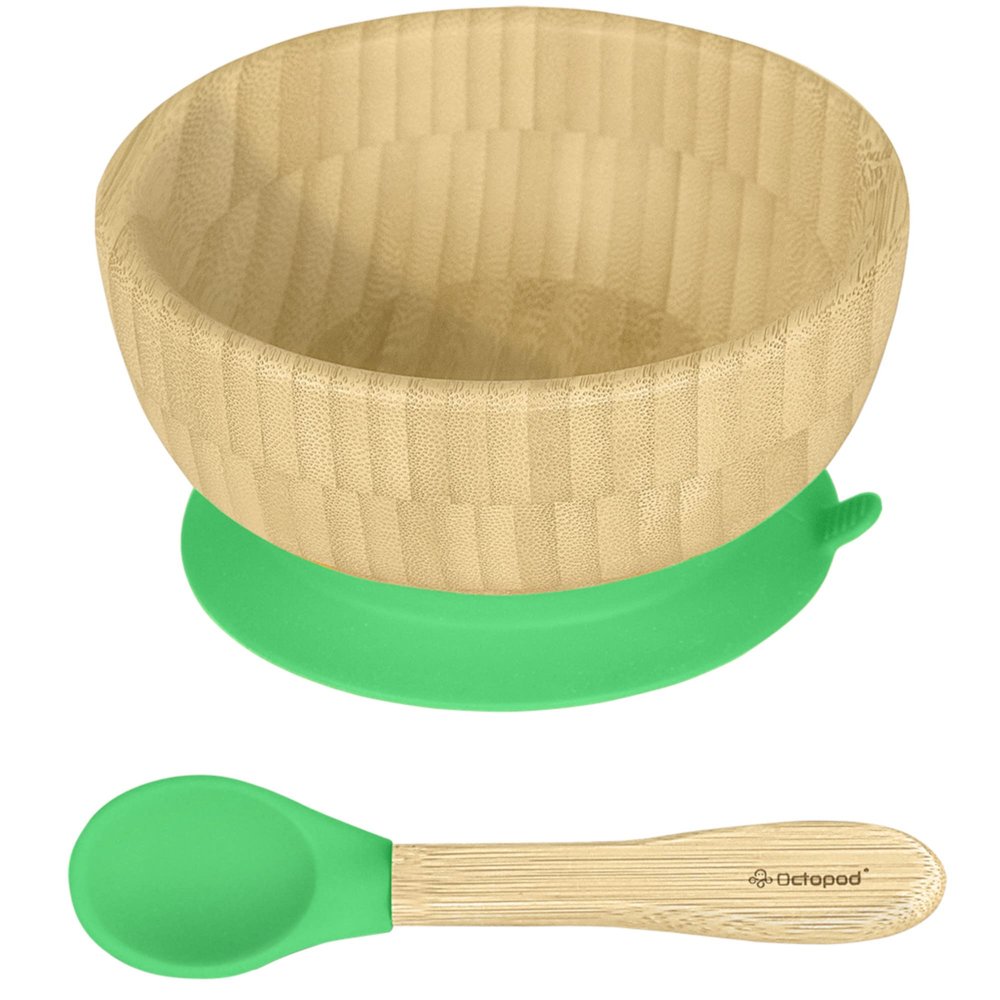 Abiie Octopod Bamboo Baby Bowl Set for 4 Months and Up  Mess-Free High Chair Suction Bowl with Spoon for Toddlers and Kids - Ergonomic Baby Feeding Essentials - 5.7" x 3" x 5.7" - Green
