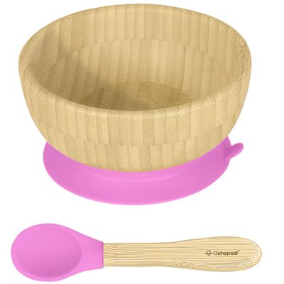 Abiie Octopod Bamboo Baby Bowl Set for 4 Months and Up Mess-Free High Chair Suction Bowl with Spoon for Toddlers and Kids - Ergonomic Baby Feeding Essentials - 5.7" x 3" x 5.7" - Pink