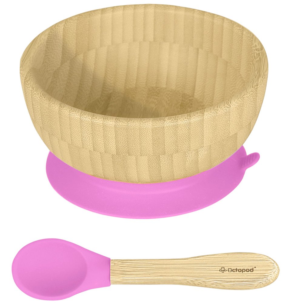 Abiie Octopod Bamboo Baby Bowl Set for 4 Months and Up Mess-Free High Chair Suction Bowl with Spoon for Toddlers and Kids - Ergonomic Baby Feeding Essentials - 5.7" x 3" x 5.7" - Pink