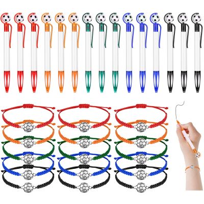 Sabary 30 Pcs Sport Theme Party Favors Set, 15 Pcs Soccer Pens 15 Pcs Soccer Theme Bracelets Ballpoint Pens Adjustable Bracelet Sport Party Gifts for Kids Teens Team Members (Multicolor)