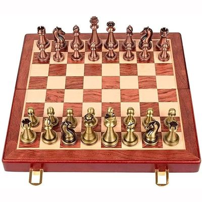 Feiyx Chess Set Folding Metal Chess Set with Retro Copper Plated Metal Chess Pieces & Portable Folding Wooden Chessboard Board Game Gift,Folding Chessboard Beginner Adult Children