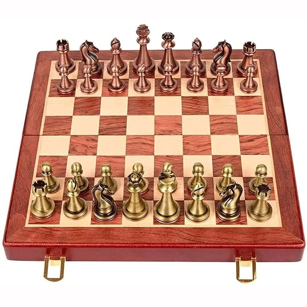 Feiyx Chess Set Folding Metal Chess Set with Retro Copper Plated Metal Chess Pieces & Portable Folding Wooden Chessboard Board Game Gift,Folding Chessboard Beginner Adult Children