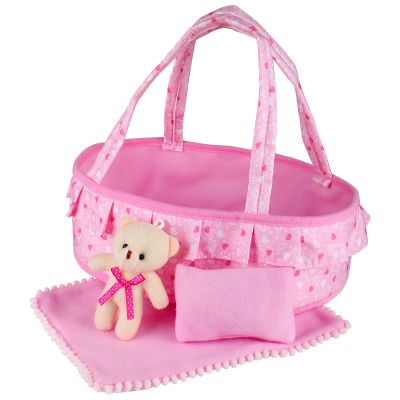 Baby Doll Cradle Bassinet Portable Doll Carrier Carry Bag Doll,Baby Doll Accessories Playset,Soft Pillow Quilt Bear,for 8-9-10-11-12 Inch Smaller Alive Baby Doll,Pretend Play Toy (Heart Pattern)