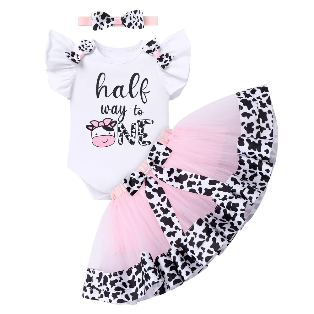 Baby Girl 1/2 Birthday Outfit Baby Girl Cowgirl Outfit Ruffle Short Sleeve T-Shirt Romper Mini Tutu Skirts Baby Cow Costume Holy Cow Im One Birthday Girl Outfit Cow Half way to one 1/2Y