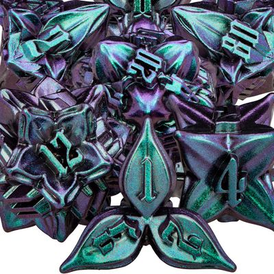 ARUOHHA DND Metal Dice Set Purple Green Leaf Design Polyhedral Dragons Dice with Box, 7PCS Dungeons D and D Dice Compatible with D&D RPG Role Playing Games D20 D12 D10 D8 D6