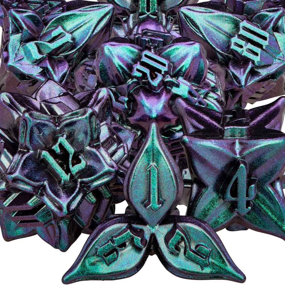 ARUOHHA DND Metal Dice Set Purple Green Leaf Design Polyhedral Dragons Dice with Box, 7PCS Dungeons D and D Dice Compatible with D&D RPG Role Playing Games D20 D12 D10 D8 D6