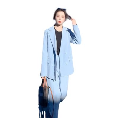 Pulcykp Office Women Autumn Long Sleeve Western Decoration High Waist Trousers Set Two Pieces Light Blue Set L