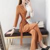 Women Autumn Long Sleeve Casual Contrast Color Connection Business Suits Flared Yellow Pants Suits Set L view 3