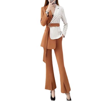 Women Autumn Long Sleeve Casual Contrast Color Connection Business Suits Flared Yellow Pants Suits Set M