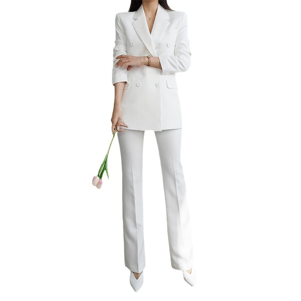 Pulcykp Office Women Autumn Long Sleeve Western Decoration High Waist Trousers Set Two Piece White Set S