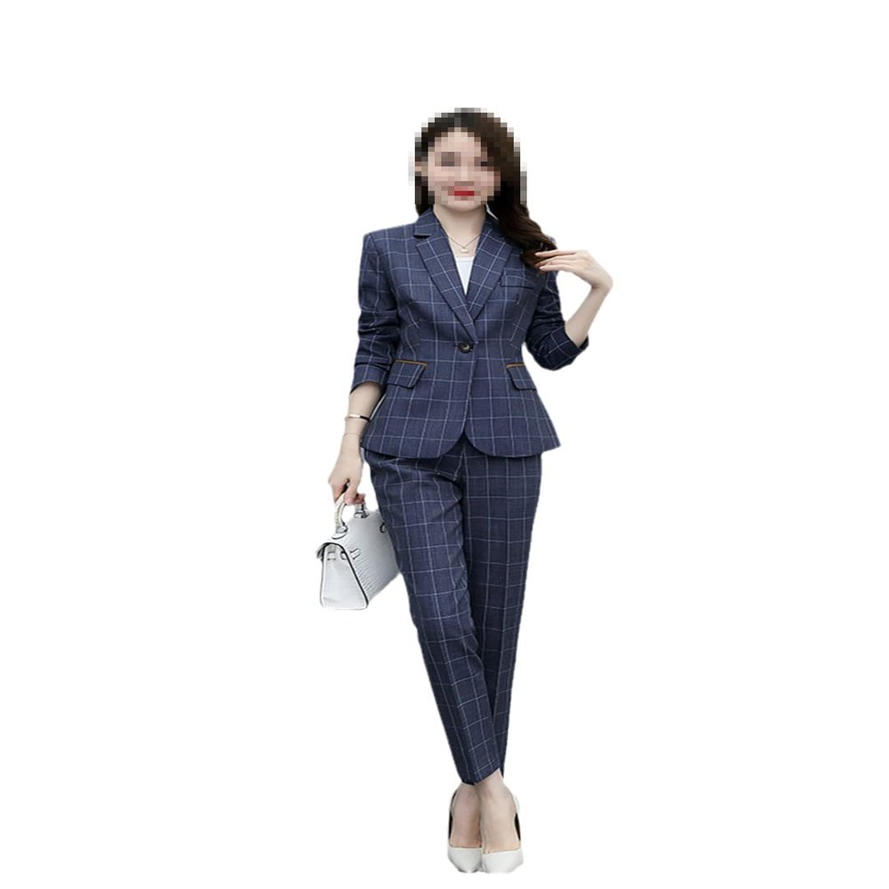 Women's Casual Plaid Two Piece Office Jacket Pencil Set Spring and Autumn Blue XL