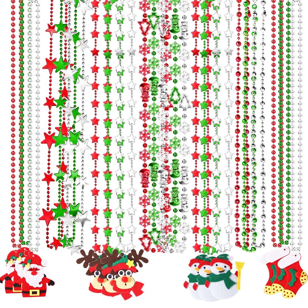 NOVWANG 21Pcs Christmas Necklaces Metallic Bead Red White Green Necklace with Santa Claus Christmas Tree Snowman Elk Snowflake for Memorial Day Party Favors Supplies Decorations, 7 Style
