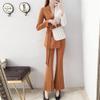 Pulcykp Women Autumn Long Sleeve Casual Contrast Color Connection Business Suits Pant Suits Flared Apricot Set XXL view 4