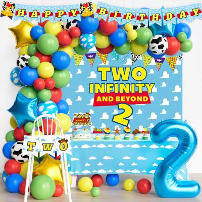 106 PCs Two Infinity and Beyond Birthday Decorations, Homond Toy Themed 2nd Birthday Decorations Balloon Garland Arch Backdrop Highchair Banner Tablecloth Cake Topper Blue