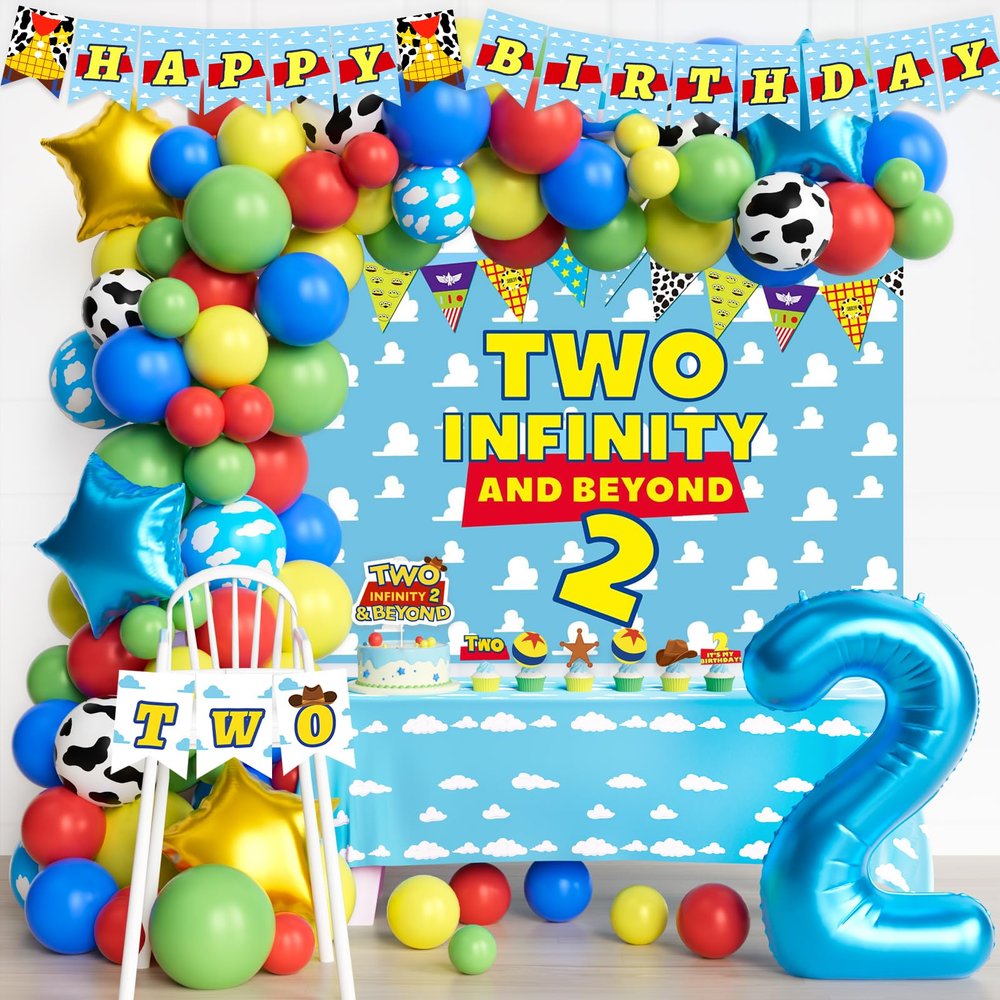 106 PCs Two Infinity and Beyond Birthday Decorations, Homond Toy Themed 2nd Birthday Decorations Balloon Garland Arch Backdrop Highchair Banner Tablecloth Cake Topper Blue