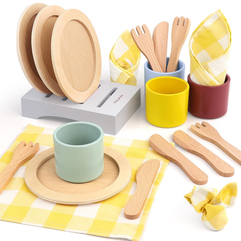Pillowhale Wooden Toy Plates and Dishes Set,Play Kitchen Cutlery and Plate Set,21Piece Kids Kitchen Playset Accessories for Toddlers Boys Girls Ages 3+