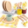 Pillowhale Wooden Toy Plates and Dishes Set,Play Kitchen Cutlery and Plate Set,21Piece Kids Kitchen Playset Accessories for Toddlers Boys Girls Ages 3+ view 1