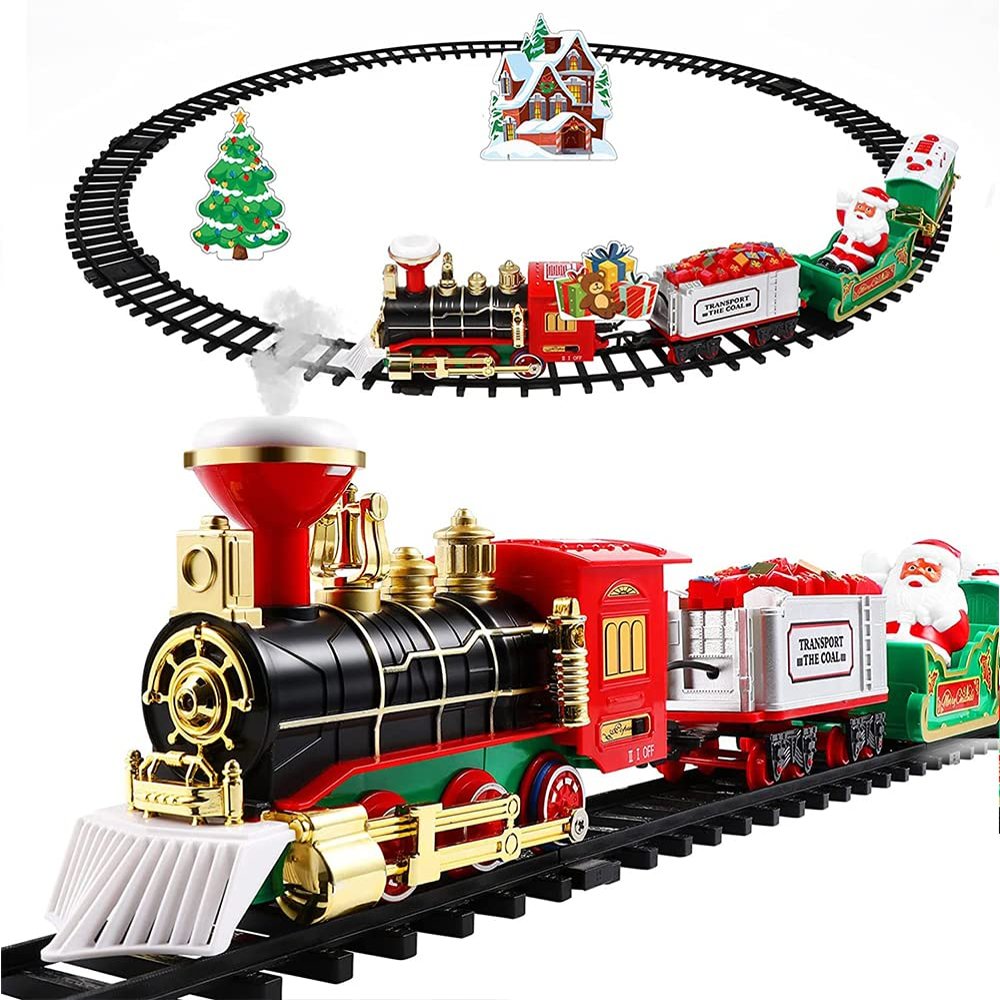 Christmas Electric Toy Train Set, Train Toy Set Track Elevated with Locomotive Santa Claus Snowman Xmas Tree, Easy Assemble Electric Train Set for Kids Boys Girls