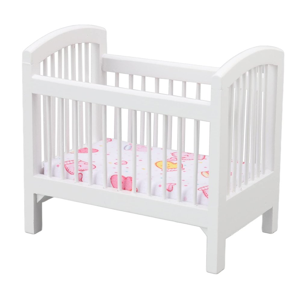 Baby Doll Bed, Doll House Furniture Toys Wooden Doll Crib Cute Glossy Vivid Dollhouse Miniature Bedroom Crib for 1:12 Dollhouse White Dollhouse Crib Baby Doll Bed