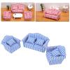 Dollhouse Furniture, 3Pcs Dollhouse Sofa Set Pine Cloth Double Sofa 2 Single Sofa Light Color Strip Miniature Sofa for 1:12 Doll House (Blue) Miniature Dollhouse Accessories view 2