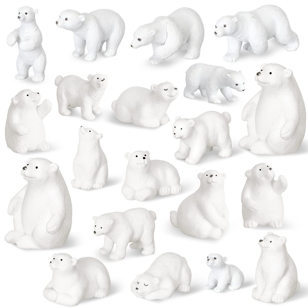 Macarrie 20 Pieces Polar Bear Animal Toy Figurines Set Includes Baby Bears 3D Model Educational Toys Cake Toppers Christmas Birthday Gift for Boys and Girls Craft Home Decoration