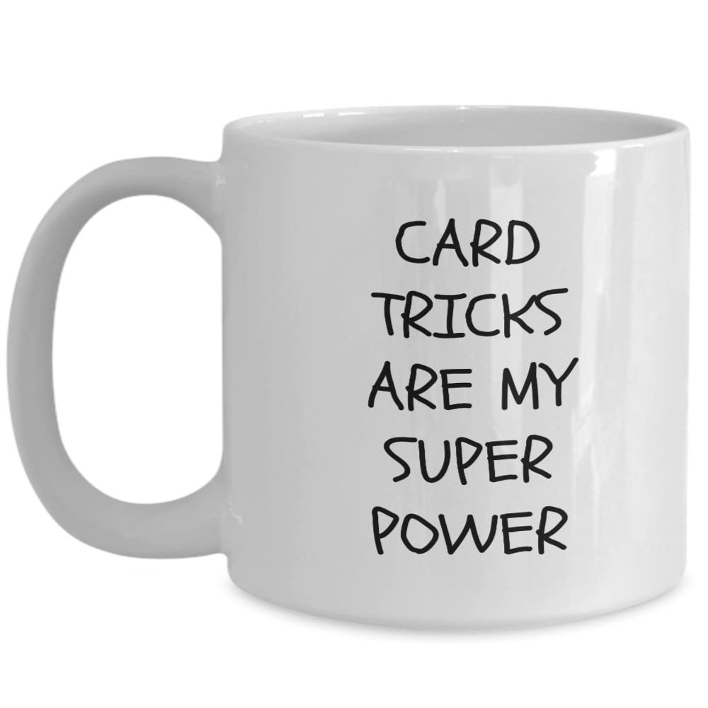 Card tricks coffee mug gift for kids, funny white magician teacup for adults, playing cards magic trick present, illusionist drinkware for teens, card