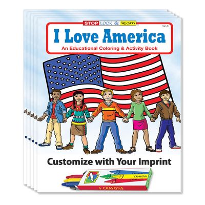 ZOCO I Love America Custom Promotional Coloring Books for Kids (250 Bulk Pack, with Crayons) Educational USA History, Games, Puzzles & Activities Patriotic Classroom or Event Handouts