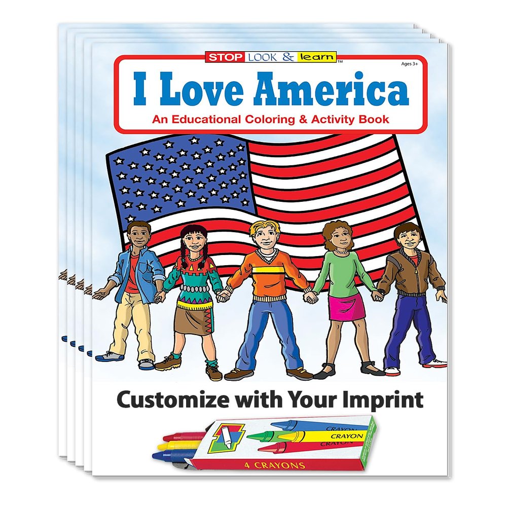 ZOCO I Love America Custom Promotional Coloring Books for Kids (250 Bulk Pack, with Crayons) Educational USA History, Games, Puzzles & Activities Patriotic Classroom or Event Handouts