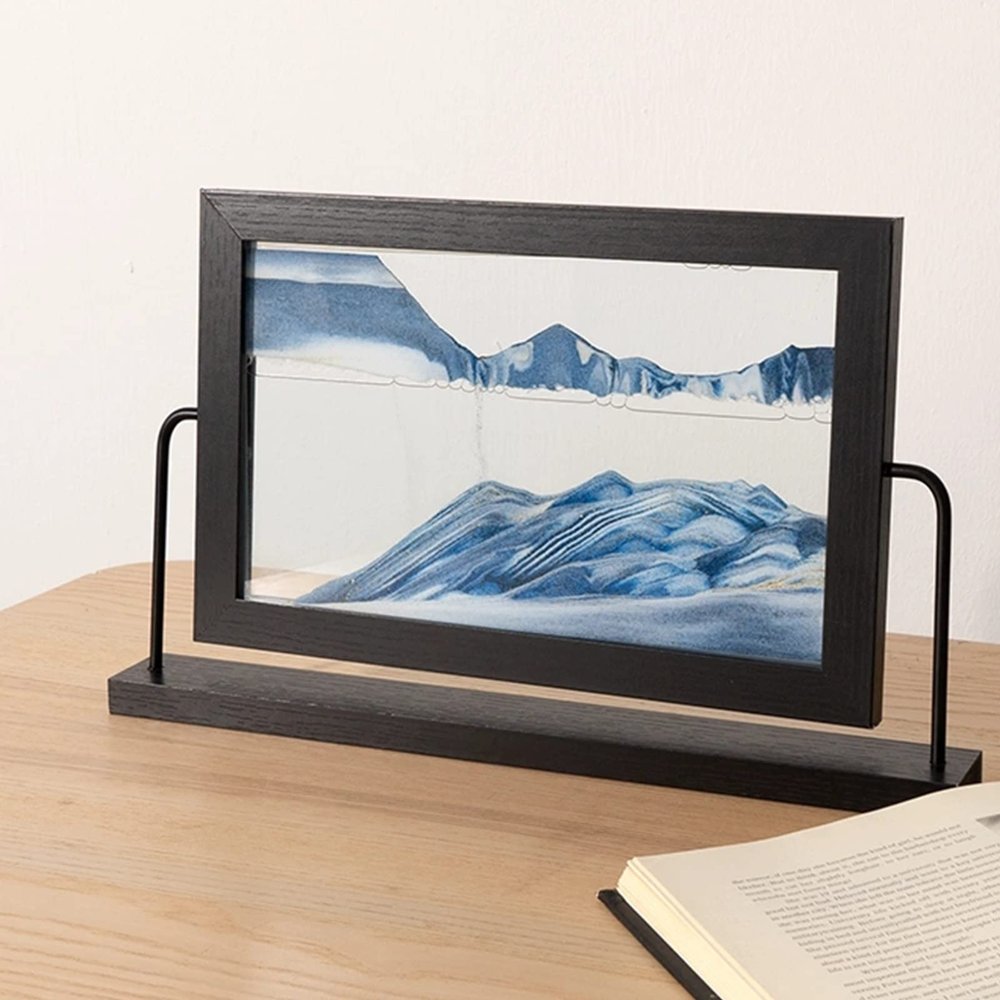 LFFH Quicksand Painting, Moving Sand Art Picture Sandscape, Flowing Sand Motion Scenery 3D Glass Desktop Room Ornament Craft (Color : Blue, Size : 29x21cm)