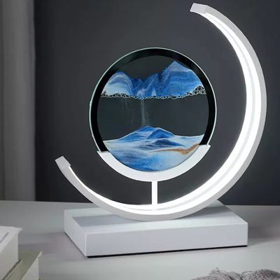 LFFH Hourglass Table LampMoving Sand Art Picture 3D Glass Deep Sea Sandscape Flowing Sand Frame Desktop Ornaments Quicksand Painting (Color : Black, Size : 26x30cm)