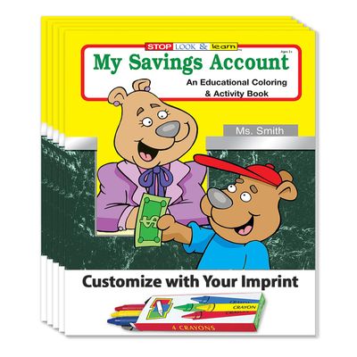 ZOCO My Saving Account Custom Coloring Books (250 Bulk Pack, with Crayons) Games to Learn About Money & Finance Credit Union, Bank Promotional Handout for Kids